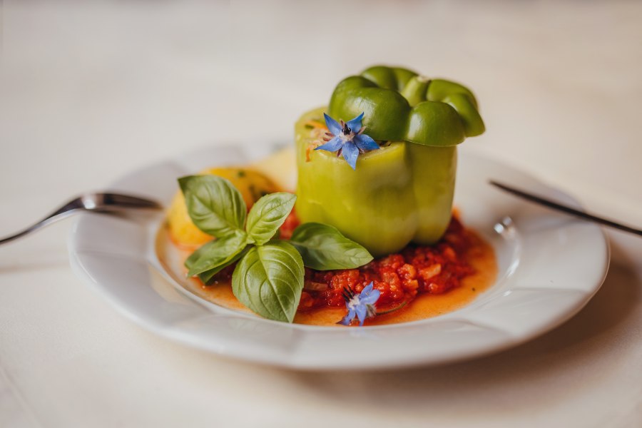 Gefüllter Paprika, © Niederösterreich Werbung/Daniela Führer Gefüllter grüner Paprika auf Tomatensauce, garniert mit Basilikum und blauer Blüte auf einem weißen Teller.