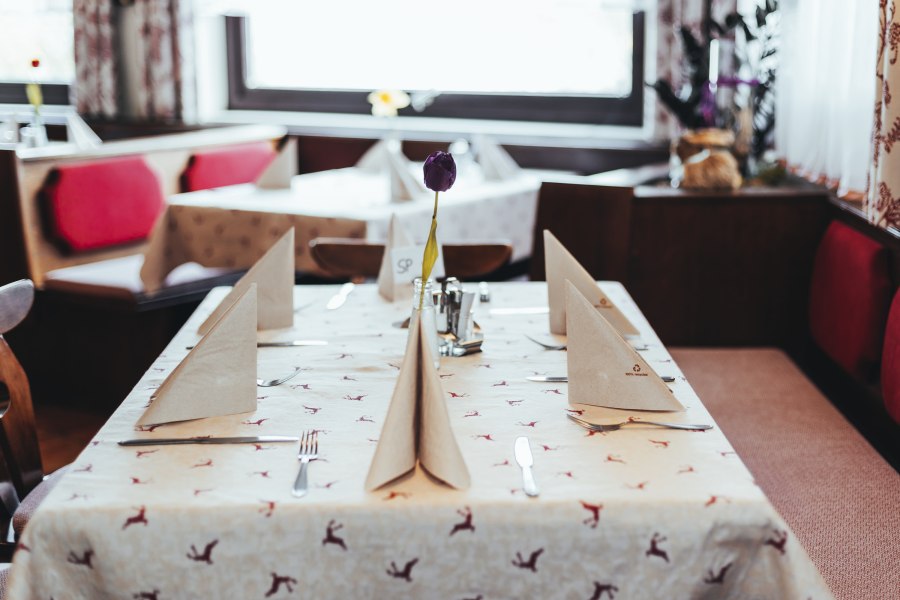 Beliebter Einkehrgasthof in Michelstetten, © Niederösterreich Werbung/David Schreiber Ein gedeckter Tisch in einem Gasthof mit gefalteten Servietten und einer lila Blume in der Mitte.