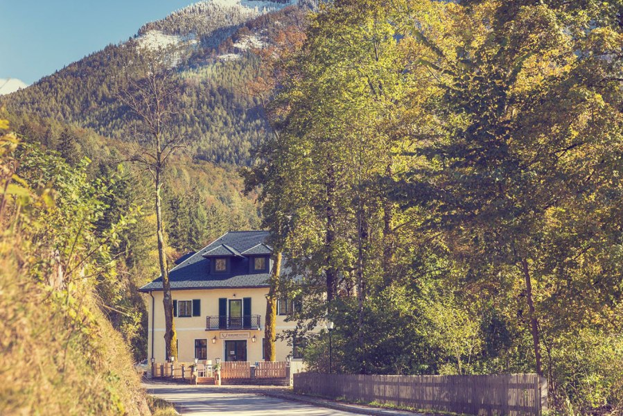 Schlosstaverne am Lunzer See, © Schlosstaverne Lunz/Martin Stellnberger Ein gelbes Gebäude, umgeben von Bäumen, vor einem bewaldeten Berg mit Schnee auf der Spitze.