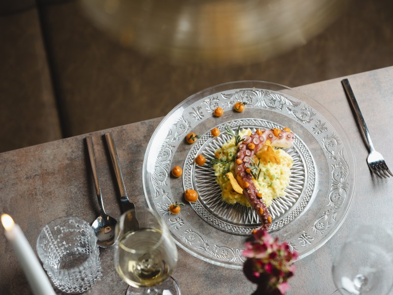 Internationale Einflüsse ergänzen heimische Kochlinie, © Niederösterreich Werbung/Michael Reidinger Elegantes Gericht mit Oktopus auf Risotto, dekorativ serviert.