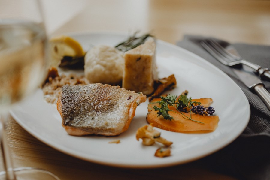 Saibling mit Steinpilzknödel, © Niederösterreich Werbung/Rita Newman Ein Teller mit gebratenem Saibling, Steinpilzknödel und Gemüse, dekoriert mit Kräutern.
