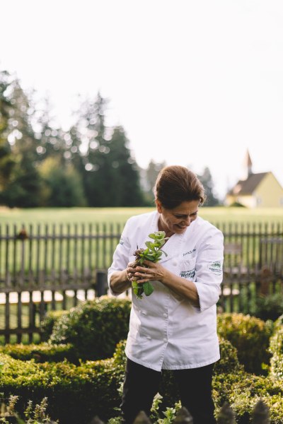 Regionale Küche mit hauseigenen Kräutern, © Niederösterreich Werbung/Mara Hohla Eine Köchin in weißer Uniform pflückt Kräuter in einem Garten.