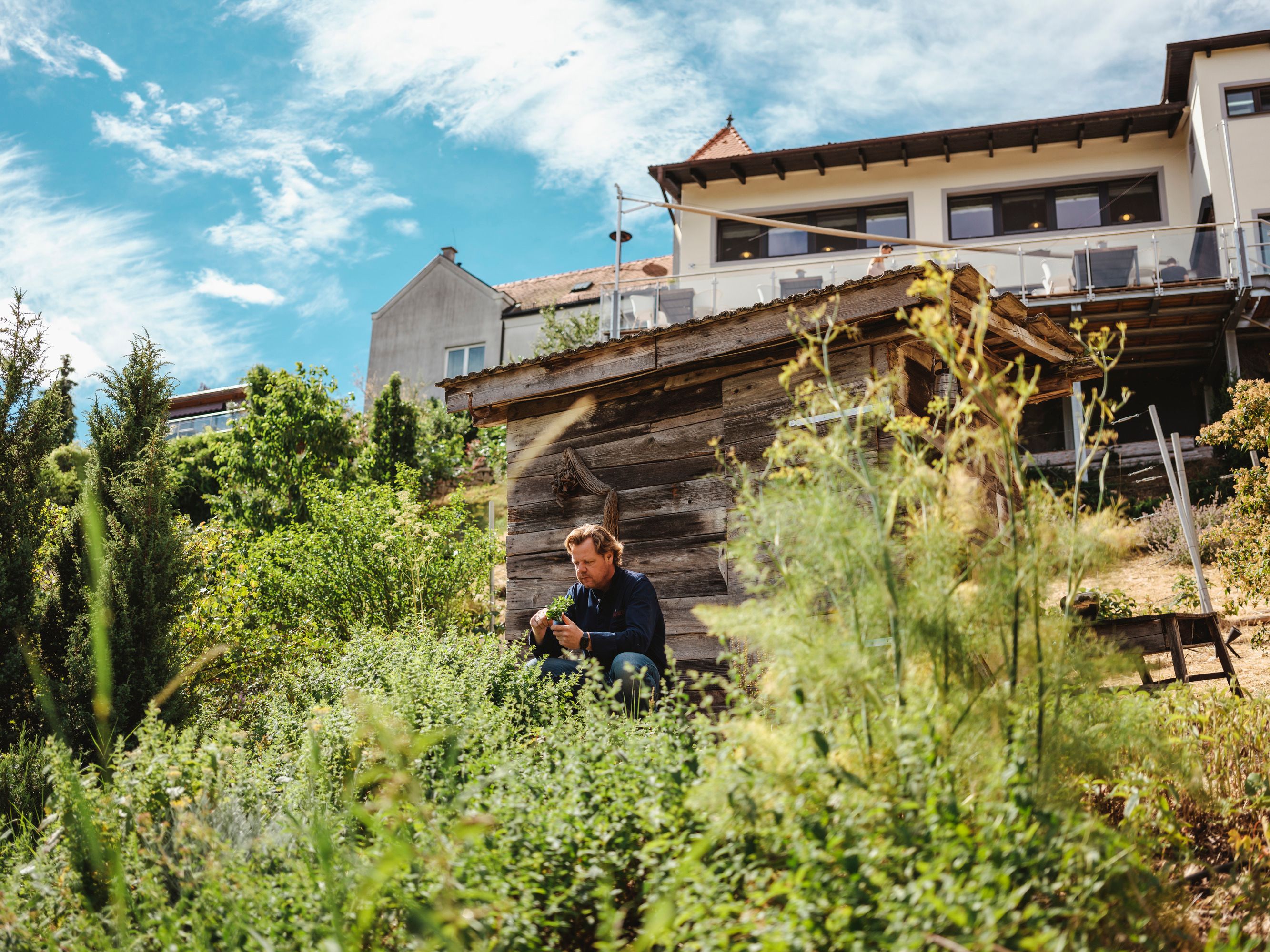Mann sitzt in einem grünen Garten vor einem Holzschuppen, modernes Haus im Hintergrund.