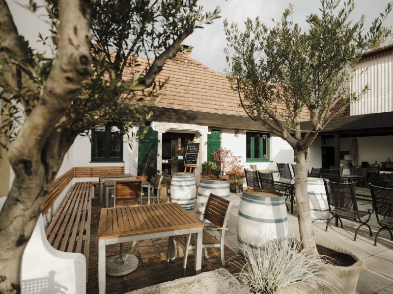 Gem&uuml;tlicher Innenhof mit Holzm&ouml;beln und Weinf&auml;ssern, umgeben von B&auml;umen.