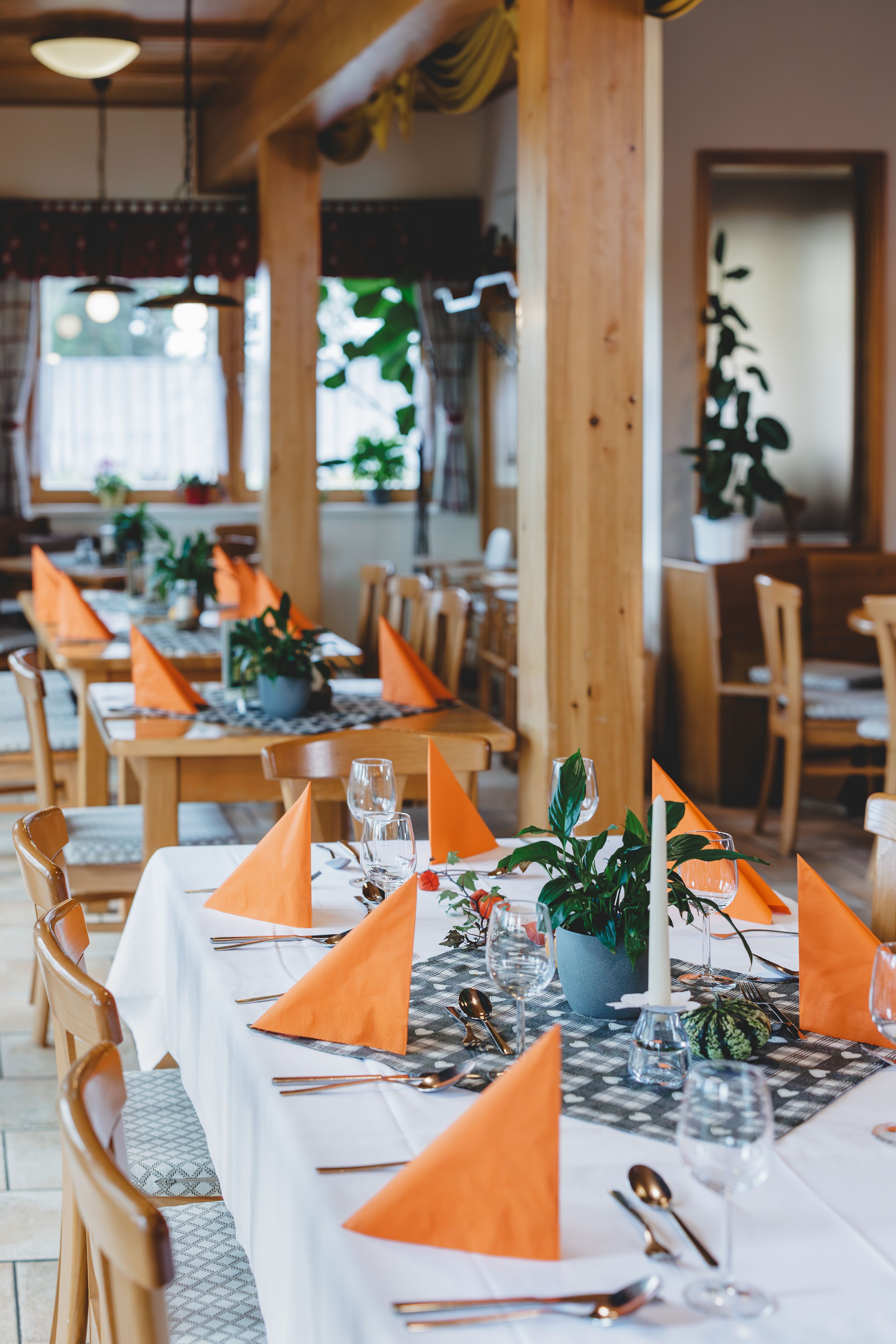 Ein festlich gedeckter Tisch in einem Restaurant mit orangefarbenen Servietten und Pflanzen als Dekoration.