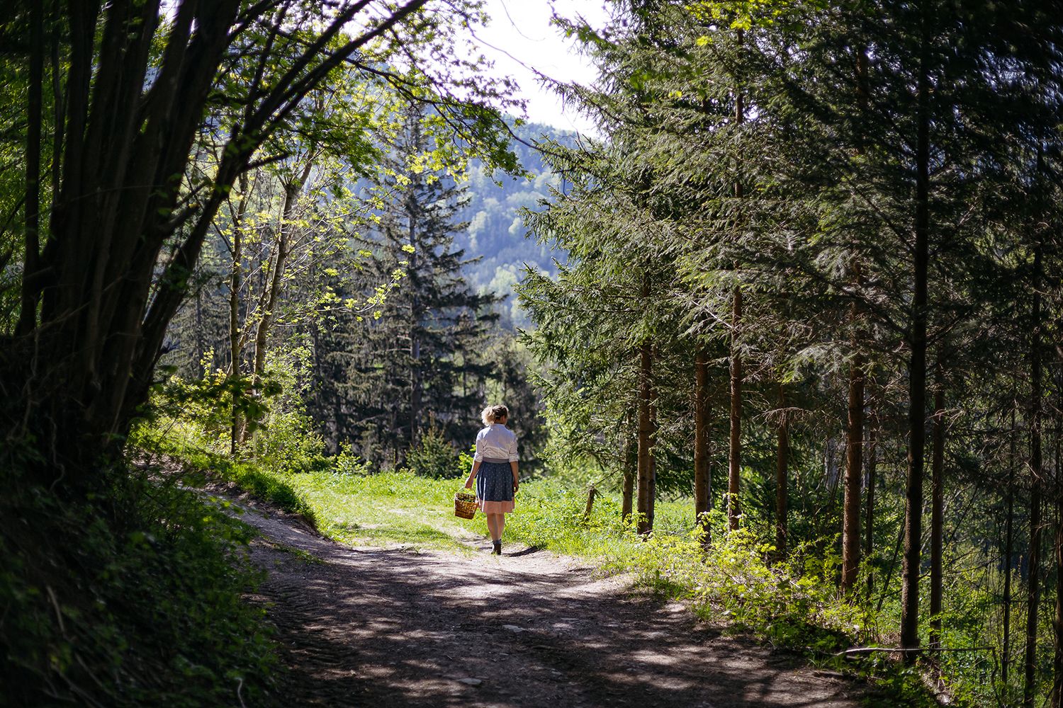 Eine Frau mit einem Korb geht auf einem Waldweg spazieren, umgeben von Bäumen und Sonnenlicht.