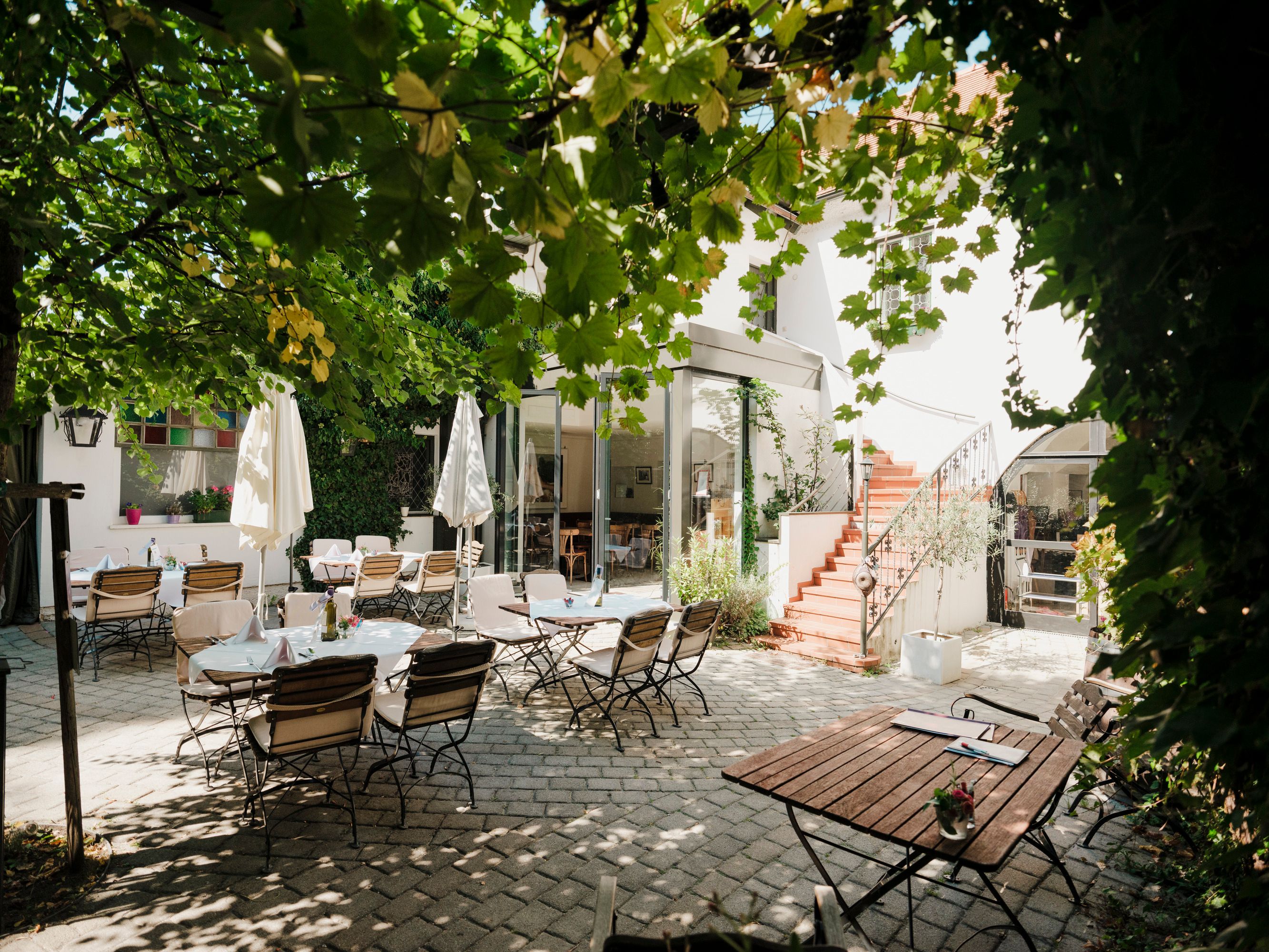 Cozy courtyard with tables and chairs under green leaves.
