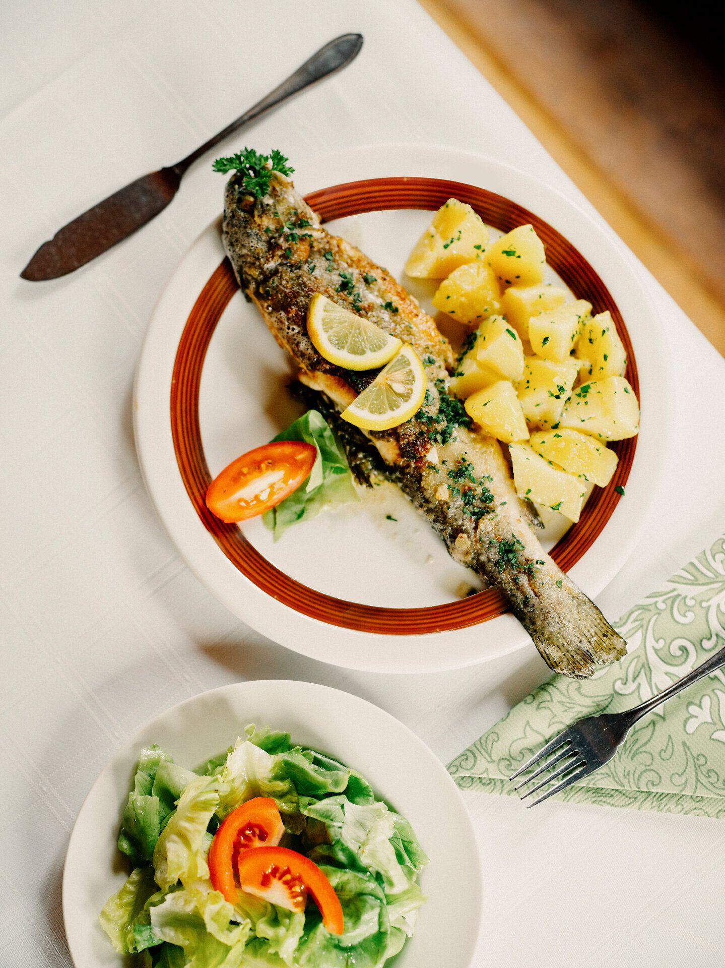 Genießen Sie eine köstliche, frisch gebratene Forelle, die perfekt mit Petersilkartoffeln und einem knackigen Salat serviert wird. Diese kulinarische Delikatesse lädt dazu ein, die Schönheit der Wiener Alpen zu entdecken und sich in der herzlichen Wirtshauskultur Niederösterreichs verwöhnen zu lassen.