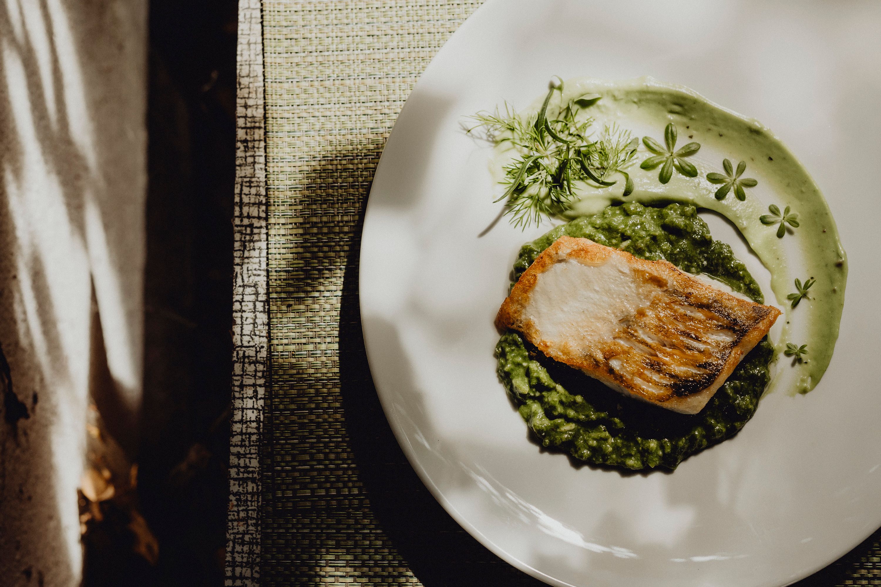 Zanderfilet auf Spinat-Risotto mit Basilikumcreme auf einem weißen Teller.