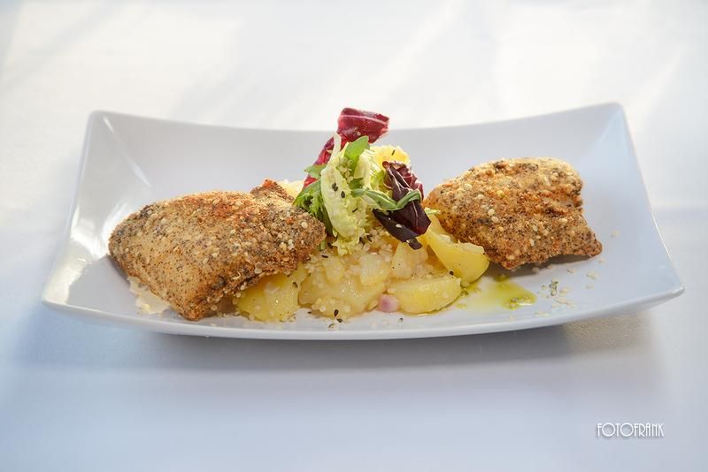 Karpfenfilet in Mohn-Hanf-Hülle mit Kartoffelsalat und Salatgarnitur auf weißem Teller.