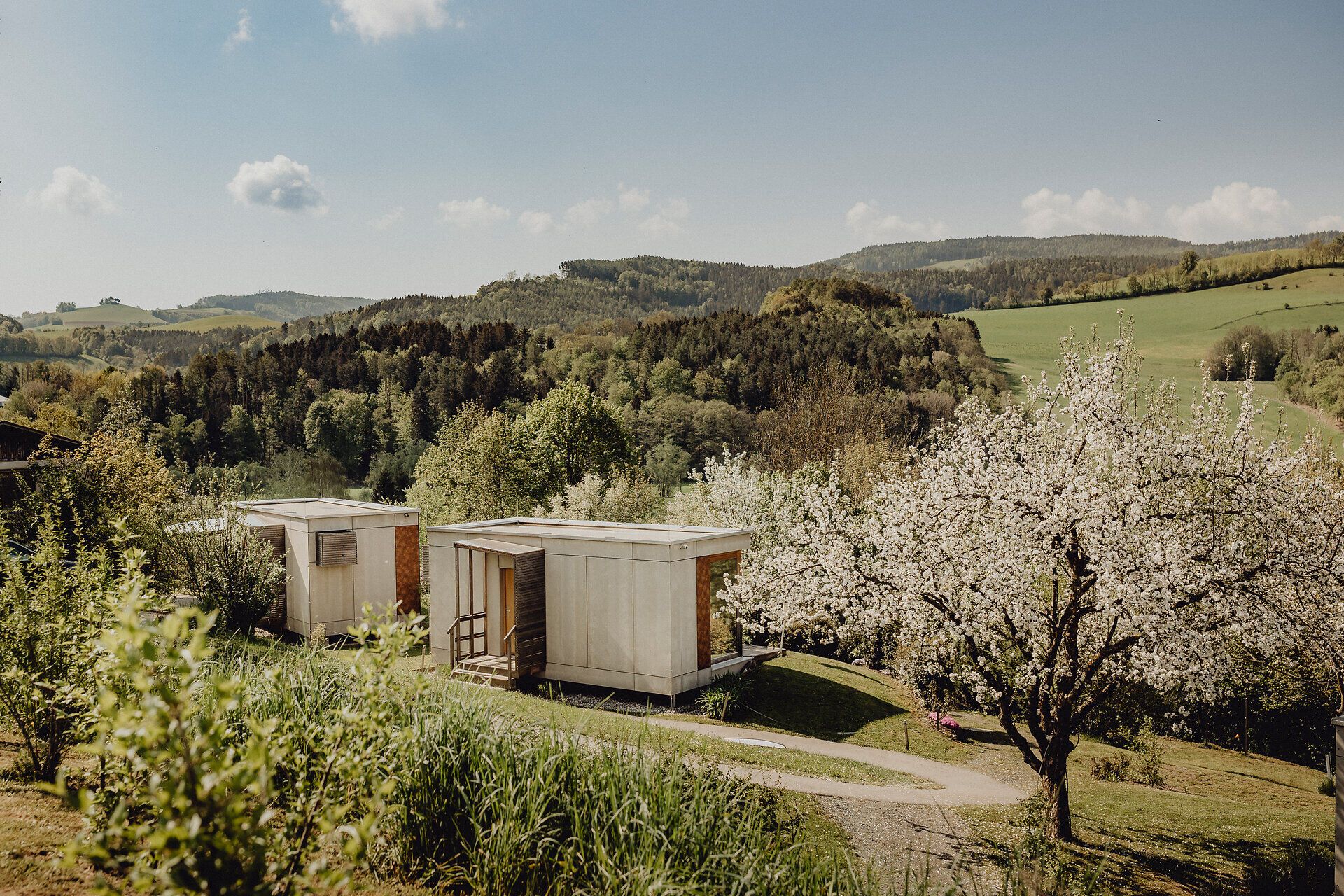 Inmitten einer malerischen Landschaft erblühen die Bäume in voller Pracht, während die modernen Hütten harmonisch in die Natur integriert sind. Die sanften Hügel laden zu Erkundungstouren ein und versprechen unvergessliche Ausblicke auf die umliegende Idylle.