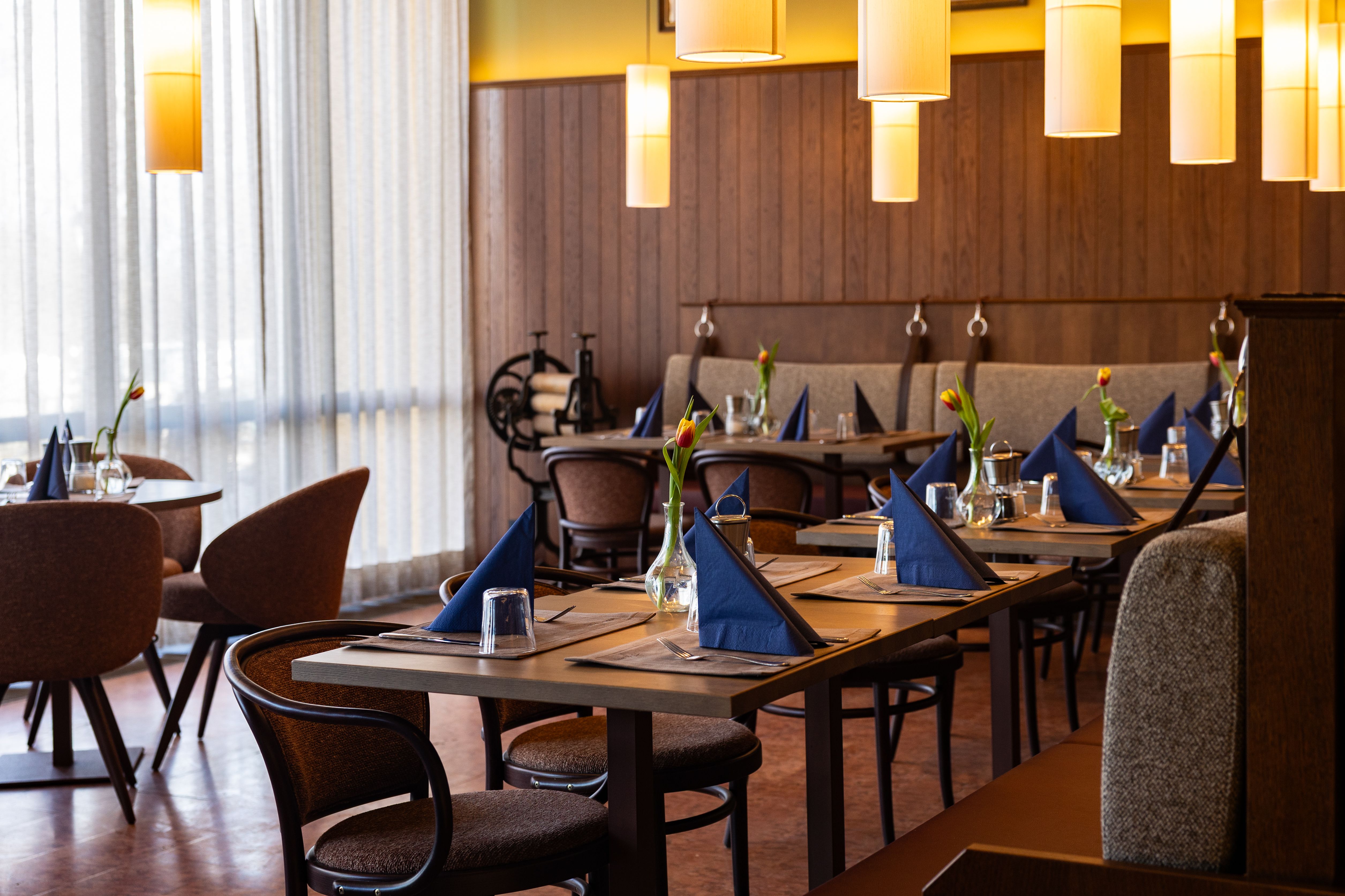 Ein stilvoll eingerichtetes Restaurant mit gedeckten Tischen, blauen Servietten und Tulpen in Vasen.