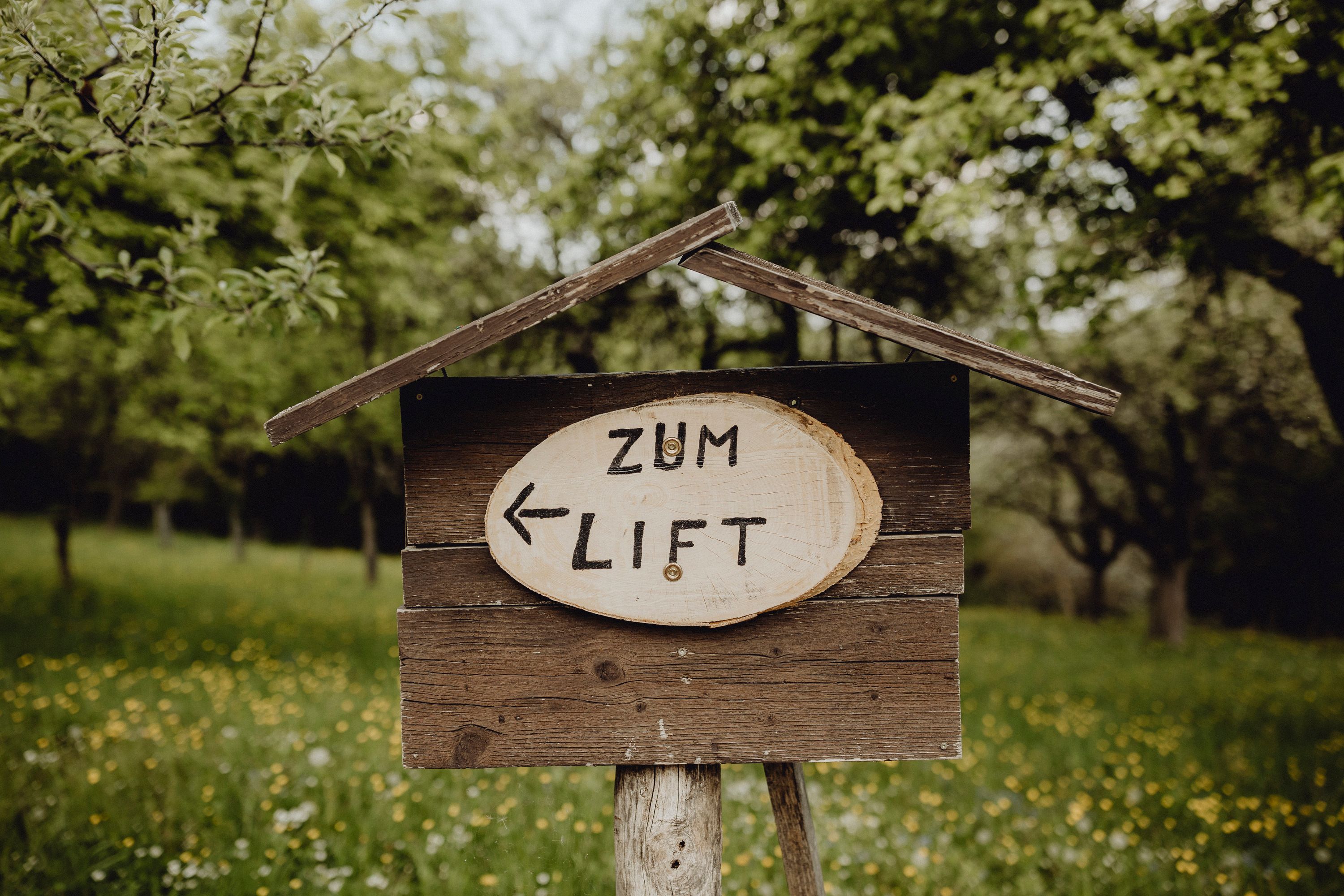 Holzschild im Grünen mit Aufschrift 'Zum Lift' und Pfeil nach links.