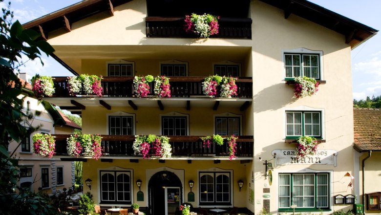 Fassade eines traditionellen Gasthauses mit Balkonen voller Blumen.