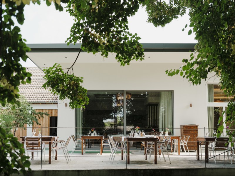 Terrasse mit Tischen und St&uuml;hlen, umgeben von gr&uuml;nen B&auml;umen.