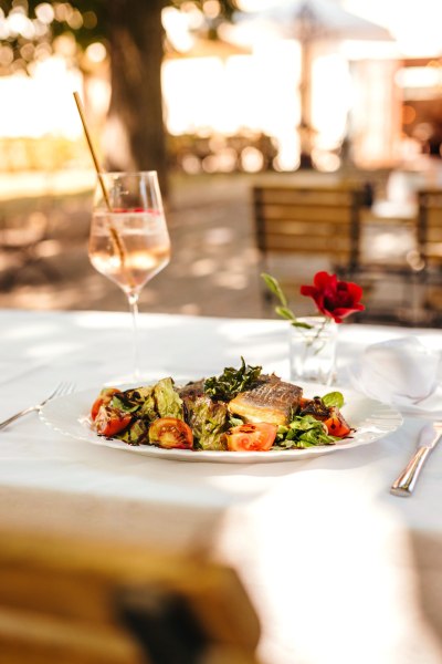 Ein Teller mit Fisch und Salat auf einem Tisch im Freien, daneben ein Glas mit Getr&auml;nk und eine rote Blume.