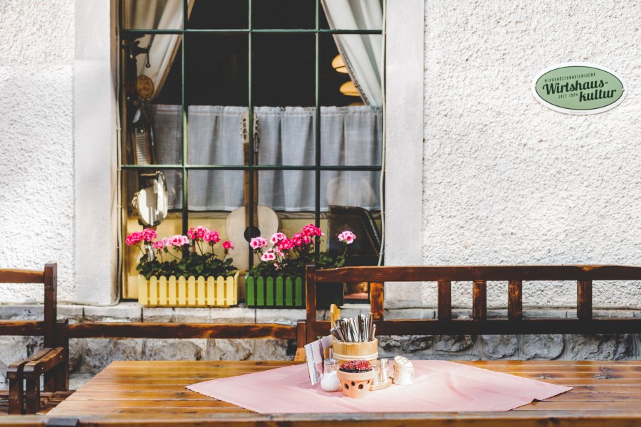 Ein Tisch mit Besteckhalter und Gewürzen vor einem Fenster mit Blumen und Musikinstrumenten.