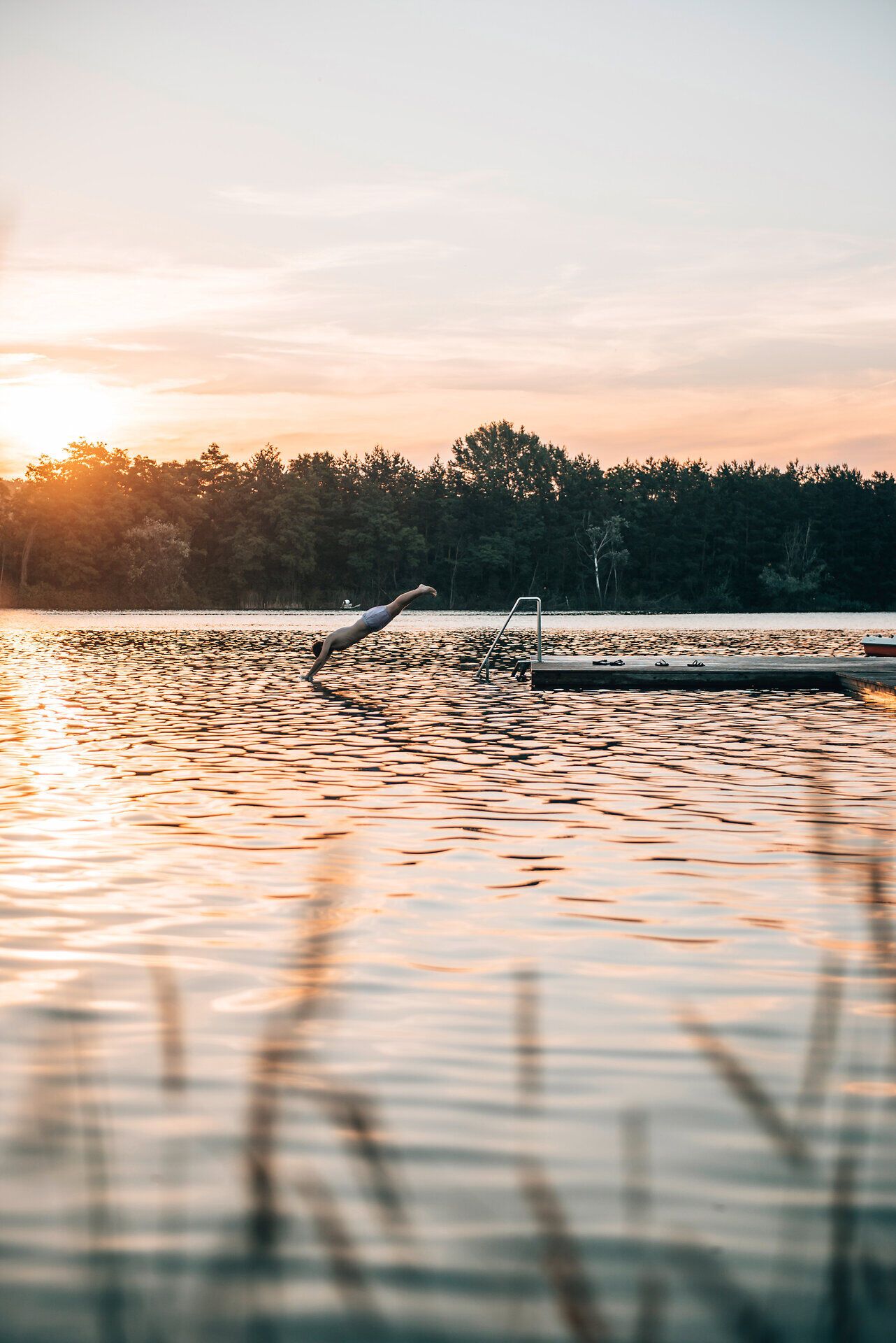 Ein erfrischender Sprung ins kühle Wasser des Viehofner Sees verspricht unvergessliche Sommertage. Die sanften Wellen spiegeln das goldene Licht der untergehenden Sonne wider und schaffen eine friedliche Atmosphäre, die zum Entspannen einlädt.