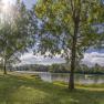Panoramablick auf einen See mit Bäumen und einer Bank im Vordergrund, sonniger Himmel.
