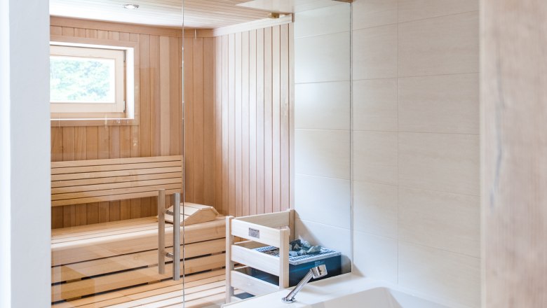 Innenansicht einer modernen Sauna mit Holzverkleidung und Glaswand, daneben eine wei&szlig;e Badewanne.