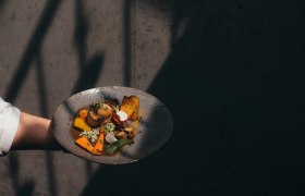 Ein Teller mit modern interpretierter Waldviertler K&uuml;che, pr&auml;sentiert von einer Hand vor einem dunklen Hintergrund.