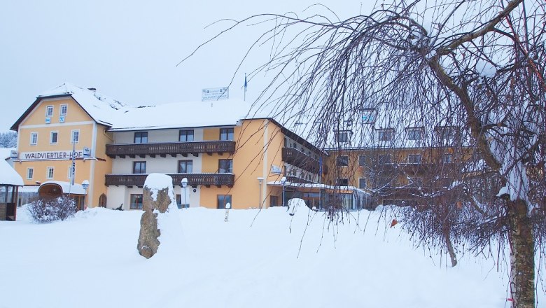 Winterlicher Waldviertler-Hof mit Schnee bedeckt.